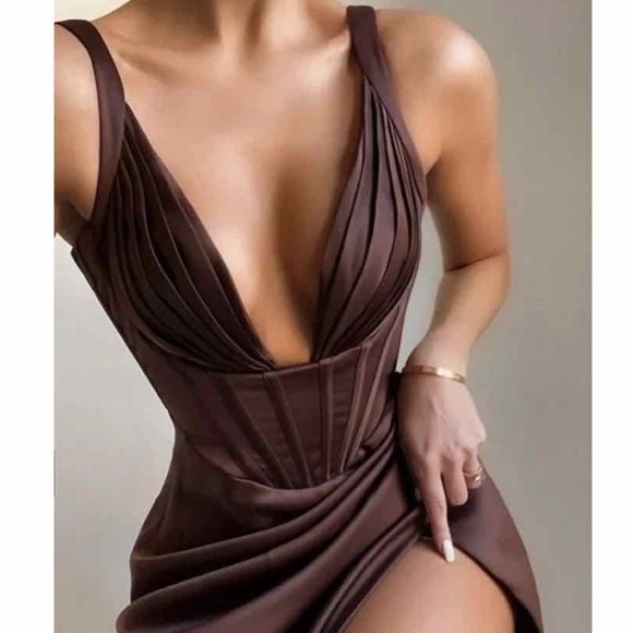 House Of CB Faye Chocolate Satin Corset Dress